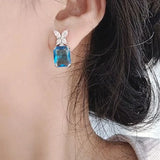 Lianfudai Exquisite Flower Square Blue Cubic Zircon Drop Earring for Women Novel Charms Piercing Accessories Wedding Party Jewelry