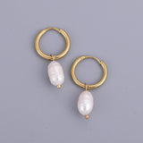 Lianfudai Eardrop Pearl Small Hoop Earrings for Women Gold Color Stainless Steel Circle Huggies Hoops Ear Buckle Jewelry