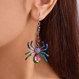 Lianfudai Colorful Spider Design Shiny Artificial Crystal Inlaid Dangle Earrings for Women Punk Metal Spider Earrings Halloween Jewelry