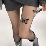 Lianfudai JK Lolita Girls Tights Pantyhose Butterfly Tattoo Y2k Girls Thigh High Stockings Pantyhose Lingerie Sexy Women Tights Pantyhose