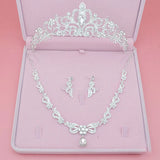 Lianfudai Bridal Jewelry Sets Crown Necklace Earrings Four Pack Silver Colour Women's Fashion Wedding Tiaras(excluding boxes)