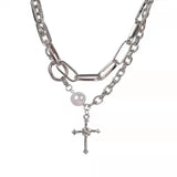 Lianfudai Fashion Metal Rhinestone Cross Pearl Necklace  for Women &Men Pendientes Vintage Multilayer Punk Chain choker Hip-Hop Jewelry