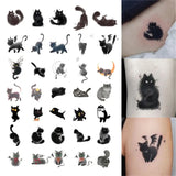 Lianfudai Cute Black Cat Temporary Tattoos for Woman Man Arm Art Cartoon Fake Tattoo Waterproof Anime Yellow Moon Sleeping Kitten Sticker