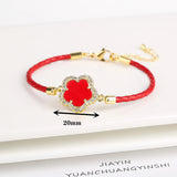 Lianfudai Classic Genuine Leather Woven Natural Stone Five Leaf Flower Charm Bracelet Fashion for Women Girls Party Wedding Jewelry Gift