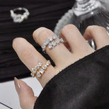 Lianfudai New Fashion 3 Layers Irregular AAA Cubic Zirconia Couple Wedding Open Adjust Rings for Women Party Silver Color Jewelry