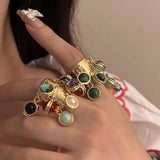 Lianfudai Vintage Natural Stone Malachite Glass Multi-pendant High-grade Fringe Open Ring Women's Wedding Party Jewelry