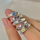 Lianfudai Colorful Zircon Metal Rings for Women Irregular Matte Ring Retro Personality Index Finger Jewelry Hip Hop Girls Accessories Gift