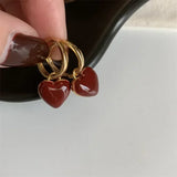 Lianfudai Simple Design Wine Red Love Heart Dangle Earrings for Women Gold Color Circle Vintage Peach Drop Earring Fashion Jewelry