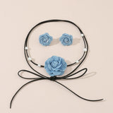 Lianfudai Flower Lace-up Choker Necklace with Earrings Denim Camellia-Bead Clavicle Chain  Dropship