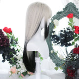 Lianfudai synthetic long straight hair women's wig silver gradient gray wig cosplay lolita bangs wig party wig