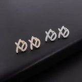 Lianfudai New Design Hip Hop Letter Xo Copper Men\\\\'s Square Stud Earrings Retro Fashion All Copper All Zircon Couple Stud Earrings