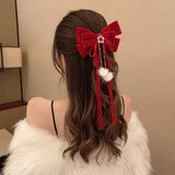 Lianfudai Red Golden Bow Hair Ornament Christmas New Year Accessories Hair Clips For Women Girls