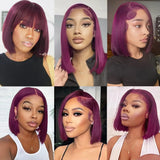 Lianfudai Dark Purple Short Bob Wigs Human Hair Burgubdy Straight Bob Wigs Grape Purple 13x4 HD Lace Frontal Wigs Brazilian Human Hair Wig