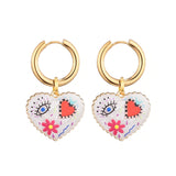 Lianfudai New Cute Heart Eye Flower Pattern Stainless Steel Hoop Women's Earrings Vintage Enamel Gold Color Lovely Pendant Female Jewelry