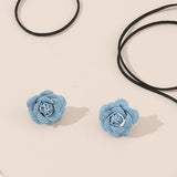 Lianfudai Flower Lace-up Choker Necklace with Earrings Denim Camellia-Bead Clavicle Chain  Dropship