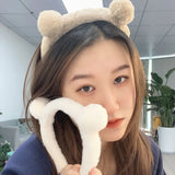 Lianfudai Plush Headband Cute Bear Ear Hariy Headhoop Women Spa Face Wash Anti -sliding Hair Holder Girls Cartoon Head Hoop Hairband Hoops