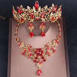 Lianfudai Vintage Gold Color Red Crystal Bridal Jewelry Sets Rhinestone Tiaras Crown Choker Necklace Earrings Wedding Accessories