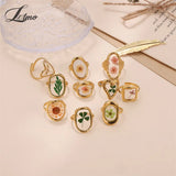 Lianfudai Ins Retro Women's Fashion Jewelry Eternal Flower Series Stainless Steel Ring Love Accessories Open Ring