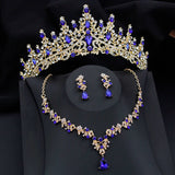 Lianfudai Luxury Silver Color Opal Water Drop Crown Bridal Jewelry Sets Rhinestone Tiaras and Necklace Earrings Wedding Dress Jewelry Set