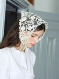 Lianfudai White Woven Floral Lace Hair Scarf Wraps Women Retro Triangle Headscarf Hat Travel Photo Headband Hair Accessories