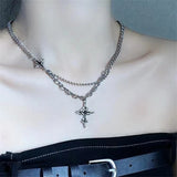 Lianfudai Gothic Vintage Y2K Red Glass Heart Star Cross Pendant Pearl Bead Necklace For Women Men Aesthetic 90s Grunge Accessories Jewelry