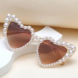 Lianfudai Fashion Retro Heart-Shaped Imitation Pearl Frame Sunglasses UV400 Women Cat Eye  Eyewear Trendy Beach Party  Sun Glasses