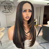 Lianfudai Reddish Brown Straight Lace Front Wigs Layered Cut Wig Glueless Layered Lace Wigs Synthetic Butterfly Haircut Natural Hairline