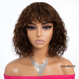 Lianfudai Brown Short Wavy Bob Wigs With Bangs Human Hair Glueless Natural Loose Curly Wig Brazilian Hair For Black Women