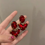 Lianfudai Red Heart Glass Pendants Earrings European American Style Personalized Fashion Stud Earrings Girls Travel Wedding Accessories