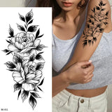 Lianfudai Sketch Flowers Sketch Tattoo Rose Blossoms Black and White Flowers Temporary Tattoos Sticker size: