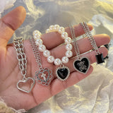 Lianfudai New Vintage Link Chain Heart Pendant Necklace Female Women's 2024 Fashion Pearl Necklace for Woman Jewelry Gift