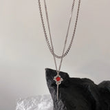 Lianfudai Double Layer Red Zircon Rose Pendant Necklaces Y2K Layered Flower Stone Chain Necklace Irregular Floral Aesthetic Jewelry Gifts