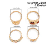 Lianfudai New Tide Individuality Retro Geometric Hollowing Inlay Gem Rings SetLiquid State Metal Four-Piece Rings Set Paty Jewelry