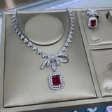 Lianfudai Red Corundum Jewelry Set Diamond Explosion Flash Hot New Luxury Pendant Necklace Female Earrings Set