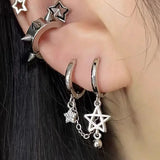 Lianfudai  1PCS Silver Color Star Chain Double Ear Hole Stainless Steel Ear Bone Nail Y2K Fashion Hottie Earrings for Women Jewelry