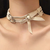 Lianfudai Punk Double-Layer Leather Bow Necklace for Women Spice Girls Chokers Decoration Collar Unique Y2K Personalized Fashion Jewelry