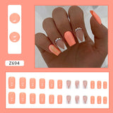 Lianfudai 24Pcs Bright Orange Mid-length Square False Nails Triangle French Glitter Press on Nail Wearable Reusable Fake Nail Manicure