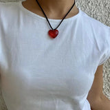 Lianfudai Solid Color Glass Heart Pendant Necklace Punk Grunge Style Velvet Choker for Girls