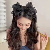 Lianfudai Fashion Korea Retro Black Mesh Big Bow Headband hair accessories Women originality Ruffled edge Stylist accessories Hair hoop