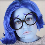 Lianfudai Synthetic Hair Short Sadness Wig Cosplay Straight Blue Wig for Kid with Glasses Inside Out Costume Halloween Fake Wigs for Women