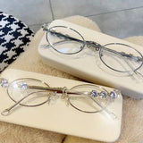 Lianfudai Women's Punk Retro Silver Anti Blue Light Eyewear Rhinestone Stainless Steel Oval Frame Glasses Girl Reading Seaside Spectacles