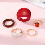 Lianfudai 5Pcs/set Vintage Red Rings for Woman Creative Geometric Ring Enamel Resin Ring Wedding Jewelry Fashion Female Accessories 2024