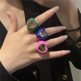 Lianfudai 2024 New Fashion Color Enamel Exaggerated Spray Paint Big Gem Ring Hip Hop Punk Street Trend Heart Ring for Women Girl Jewelry