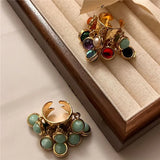 Lianfudai Vintage Natural Stone Malachite Glass Multi-pendant High-grade Fringe Open Ring Women's Wedding Party Jewelry