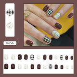 Lianfudai 24Pcs French With Drill Short Fake Nails Press On Nail Tips Artificial Full Cover Cute Bow Wearing False Nails Art Free Shipping