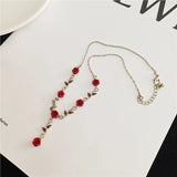 Lianfudai Double Layer Red Zircon Rose Pendant Necklaces Y2K Layered Flower Stone Chain Necklace Irregular Floral Aesthetic Jewelry Gifts