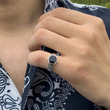 Lianfudai New Simple Fashion Retro Hexagonal Black Glossy Rings Design Sense Men Opening Adjustable Metal Ring Anniversary Gift Jewelry