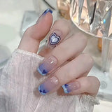 Lianfudai 24pcs Gradient Blue Ballerina Fake Nails Heart Design Coffin Square Shaped False Nails Art Tools Full Cover Press On Nail Tips