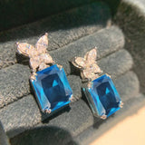 Lianfudai Exquisite Flower Square Blue Cubic Zircon Drop Earring for Women Novel Charms Piercing Accessories Wedding Party Jewelry