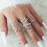 Lianfudai New Tide Individuality Retro Geometric Hollowing Inlay Gem Rings SetLiquid State Metal Four-Piece Rings Set Paty Jewelry